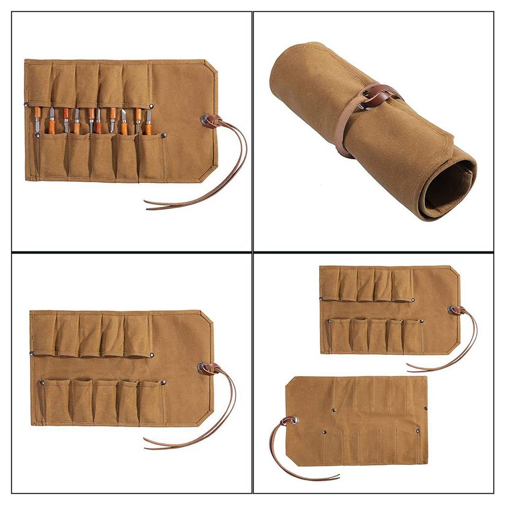 Tool Roll Heavy Duty Waxed Canvas Small Tool Bag Tool Pouch for Chisels Hammer Gouges Pocket Storage Bag Tool Accessory