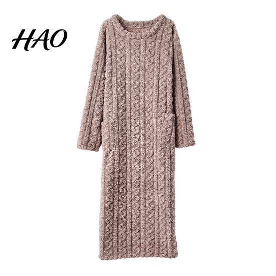 Lyxig Jacquard Loungewear Damflanell Nattlinne Fluffigt Plysch Varm Rundhalsad Lång Sovkläder Lös Vintertröja Nattlinne med Fickor