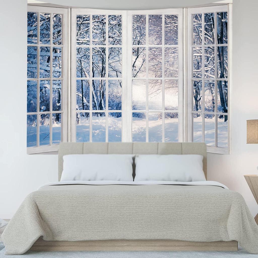 Winter Forest Window Tapestry White Snowflake Snowy Pine Tree Aesthetic Tapestry Nature Scenery Landscape Christmas Tapestries
