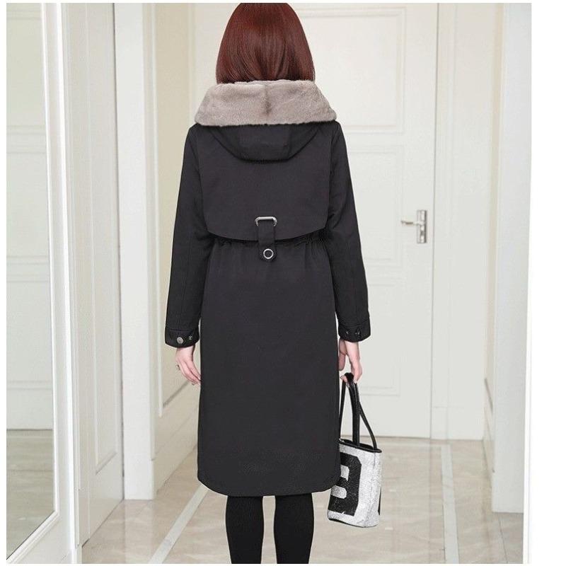 Winter Verdickter Abnehmbarer Faux Nerzkragen Kaninchenfellfutter Mittellanger Parka Mantel Damen