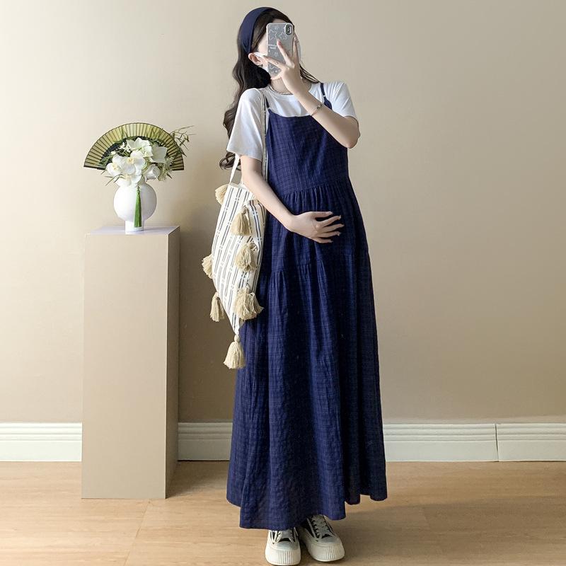 Maternity Plaid Sling Dress & Short Sleeve T-shirt Set - Summer 2026 Style Extra Large