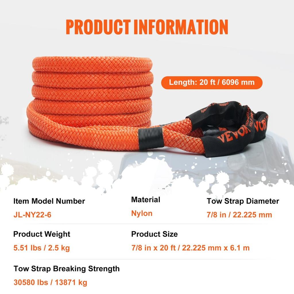 7/8" x 20' kinetisches Bergeschleppseil 30.580 lbs, Heavy-Duty Off-Road-Schleppgurt, Extrem belastbarer 30% elastischer Energie-Schleppgurt für Jeep Auto LKW