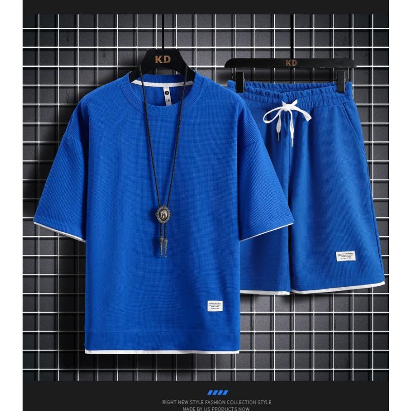 Printed Short-sleeved Top + Shorts Two-piece Set Men Waffle Casual Suit Summer Breathable and Comfortable Training Clothes M-3xl