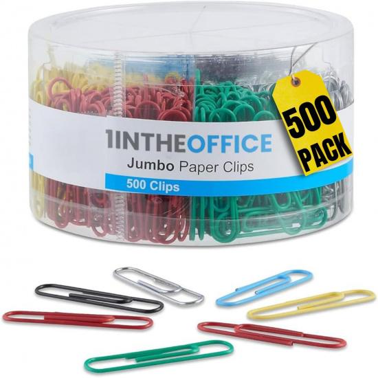 1InTheOffice Jumbo Paper Clip, Vinyl Coated Smooth Large Paper Clips  500 Pieces  (Assorted Brights) Assorted Brights