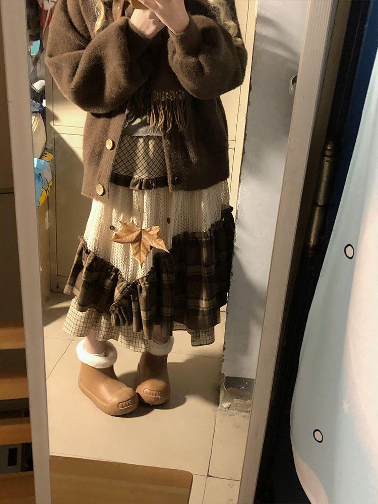 Retro Mori-Kei Candied Chestnuts Plaid Skirt with Embroidery Patchwork
