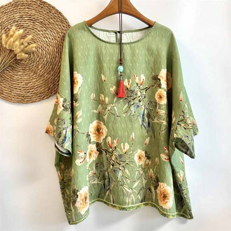 Maglietta estiva in cotone e lino, stile etnico, manica a pipistrello, ampia, da donna, scollo rotondo