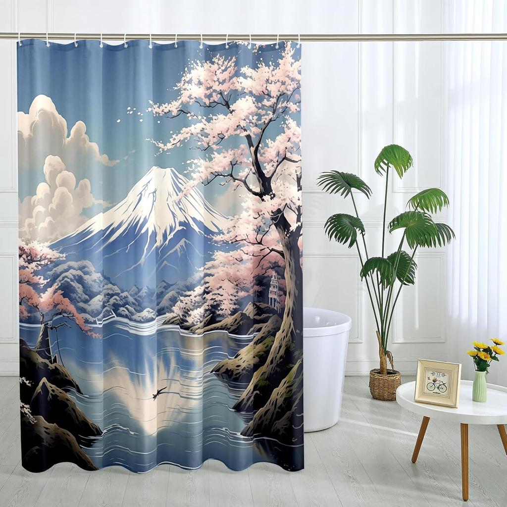 Japanese Cherry Blossom Shower Curtain Set, Asian Anime Shower Curtains for Bathroom Cool Watercolor Abstract Art