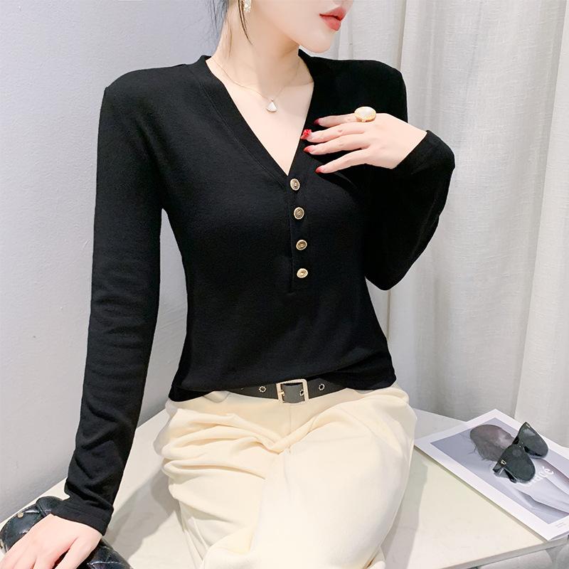 Sexy V-neck Button Long-sleeved T-shirt for Women's Winter New Fashionable and Versatile Base Shirt Slim Body