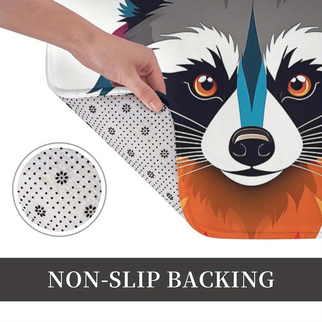 Light Gray Mat with Raccoon Illustration in Colorful Gradient Fur, Polyester Rug for Indoor Home Decor 1PC