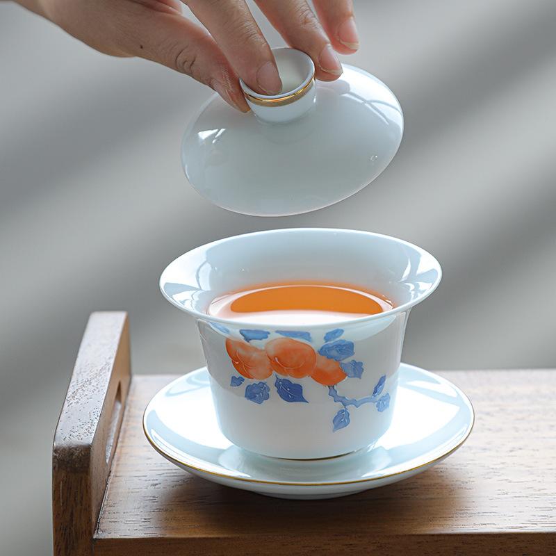 Hand-painted Cover Bowl Teacup, Single Ceramic Tea Bowl, Tea Cup, White Porcelain Three Talents Cover Bowlkung Fu Tea Set