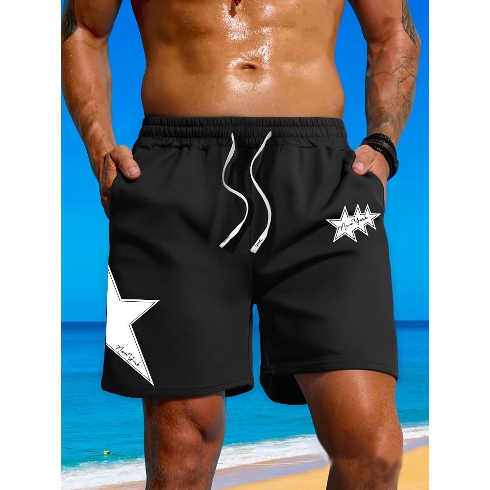 

Daily Casual Men Black Graphic Shorts Loose Straight Leg Design Fashion Mid Length Short Trousers For Male M