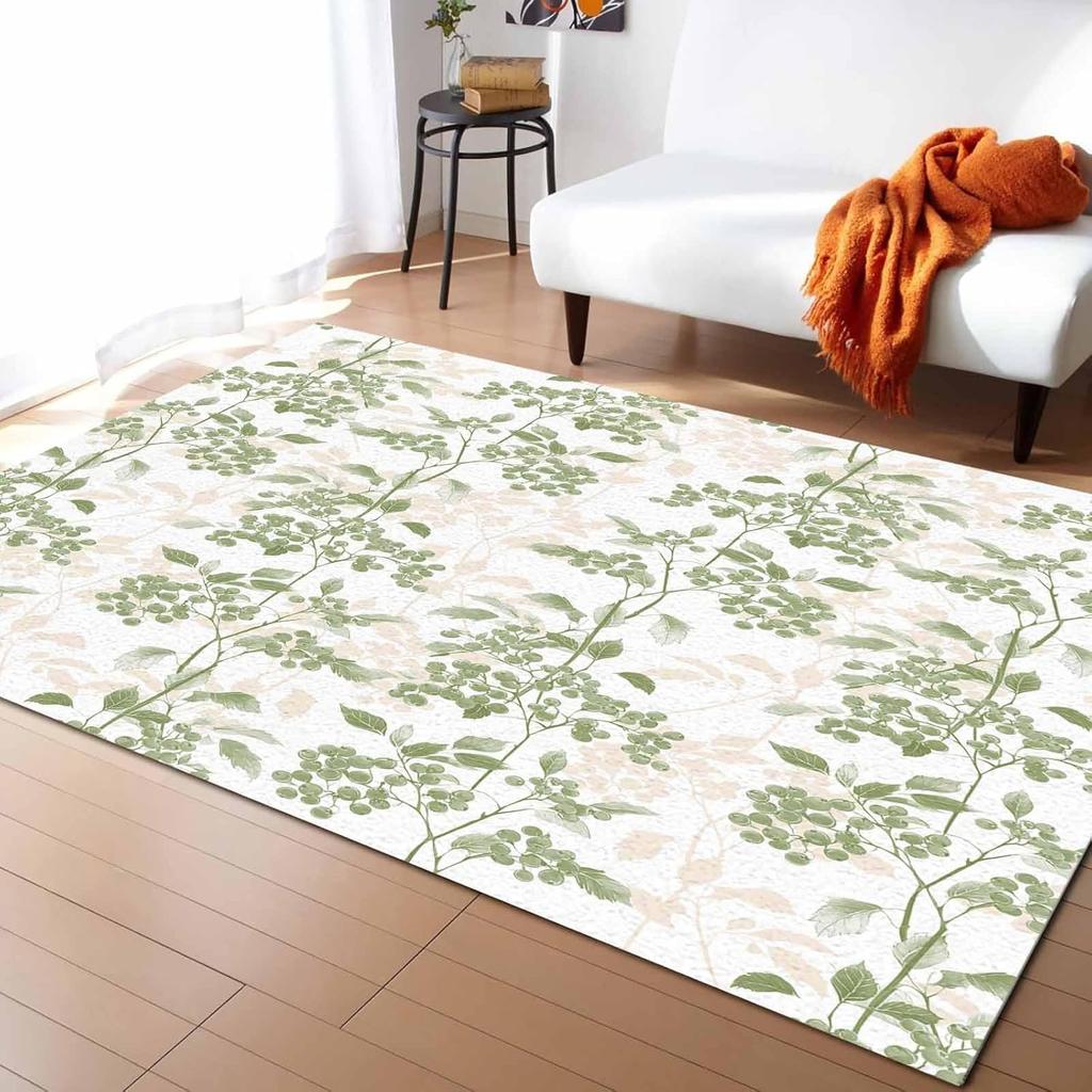 Green Fruit Washable Area Rugs Plant Nature Vintage Botanical Non Slip Rugs for Living Room Bedroom, Low Pile Floor Mat Large