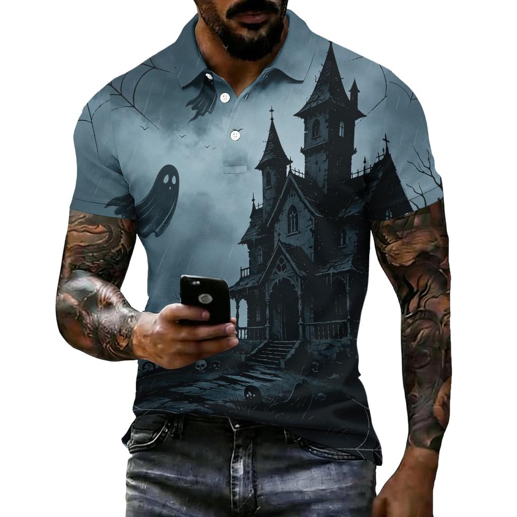Mens Halloween Printed Vintage Texture Short Sleeve Polo Shirt Loose Breathable Summer Sports Streetwear Casual Top