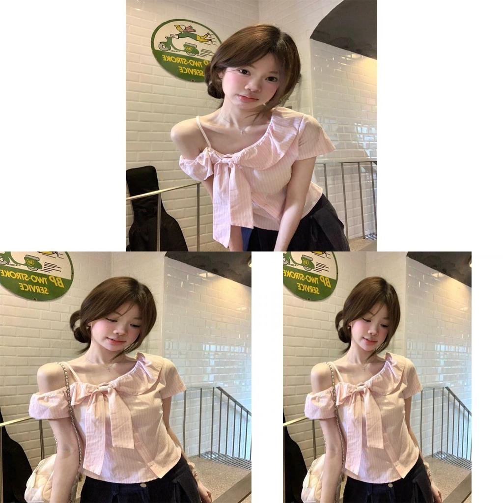 Sweet Spicy Girl T Shirt With Off Shoulder Design And Bow Pattern For Summer Casual Wear