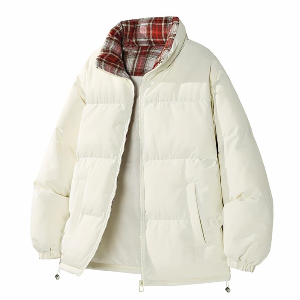 Men's And Women's Inner And Outer Color-matched Checkered Stand-up Collar Bread Cotton-padded Jacket, Men's Fleece Thickened Warm Cotton-padded Jacket