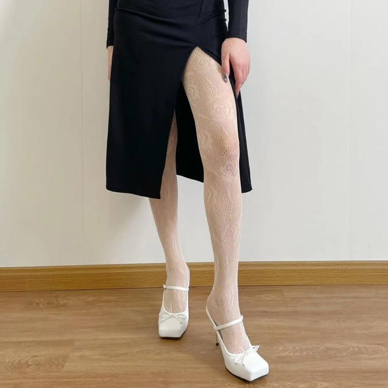 Women Chinese Style Sexy Hollowed Sheer Fishnet Pantyhose Rose Flower Jacquard Patterned Vintage Leggings Mesh Tights