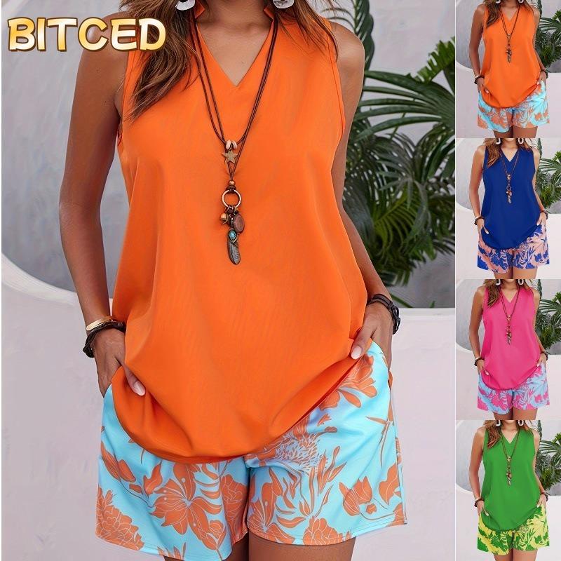 BITCED Women's Fashion Casual Solid Color Print Sleeveless V Neck Blouses & Shirts