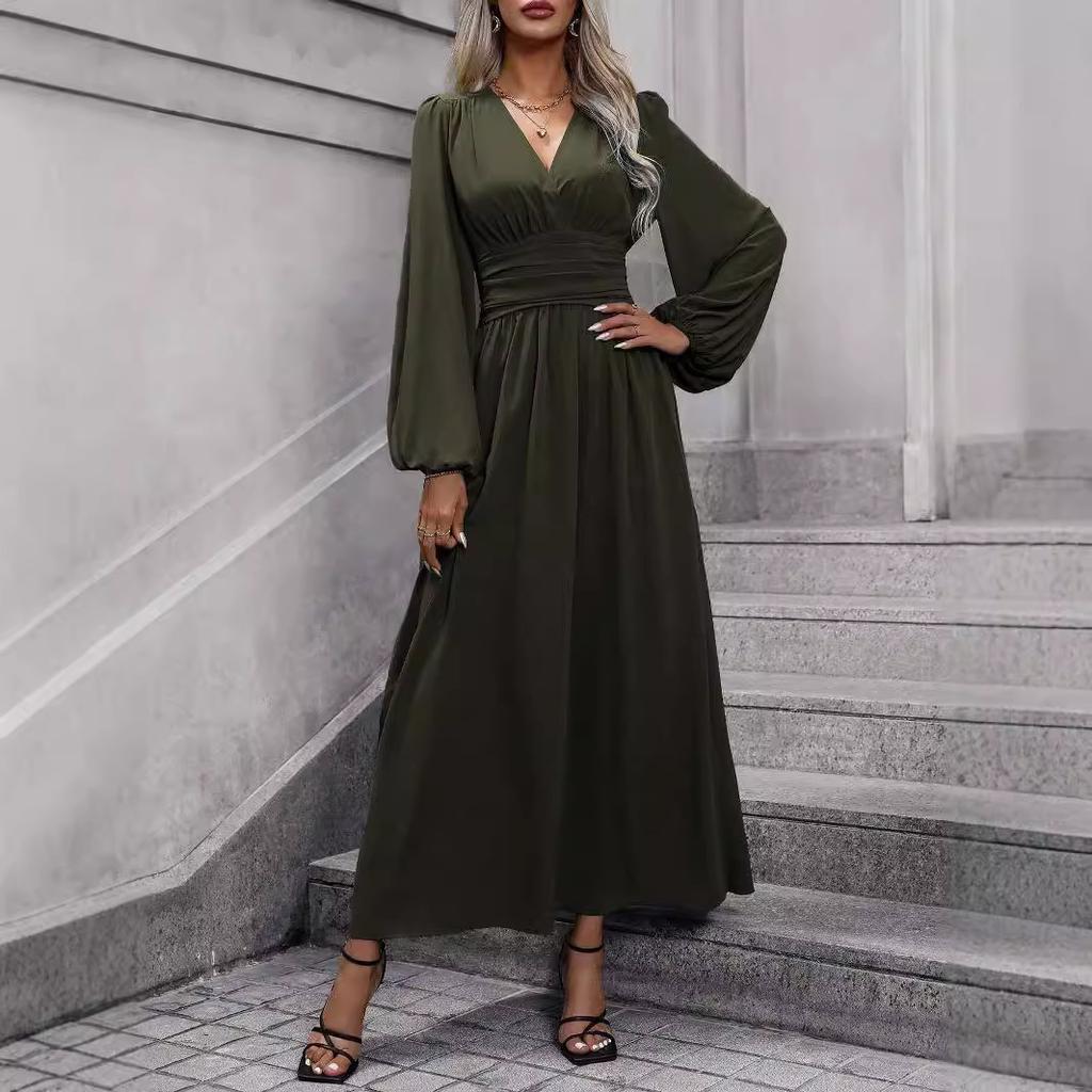 Women Dress Autumn Winter Women's Lantern Sleeve Dress Smocked Design High Slit Elegant Long Sleeve Midi Dress