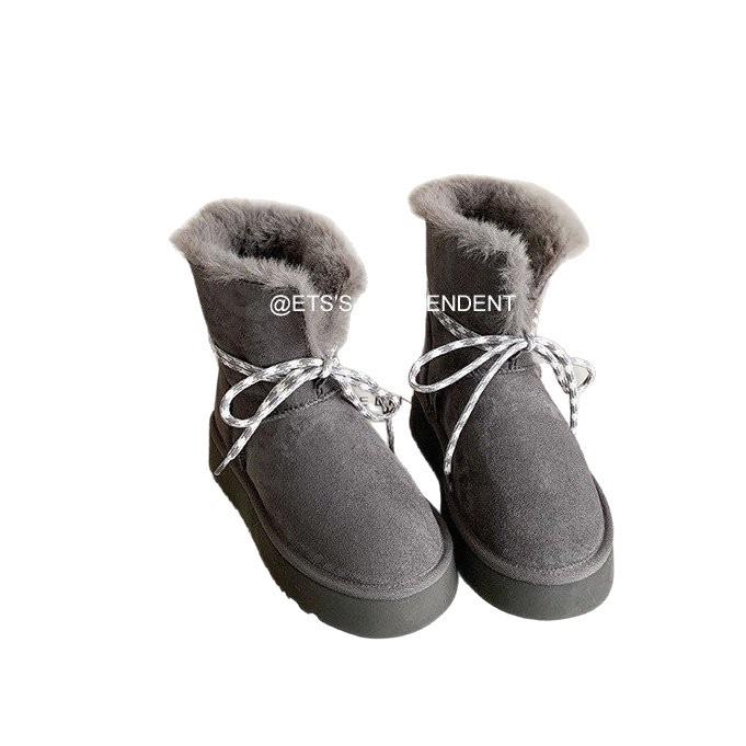 Rindsleder-Version Riemen dicke Sohle Schneestiefel Damen 2025 neu Samt warm Nordost große Baumwollstiefel verdickt flauschige kurze Stiefel