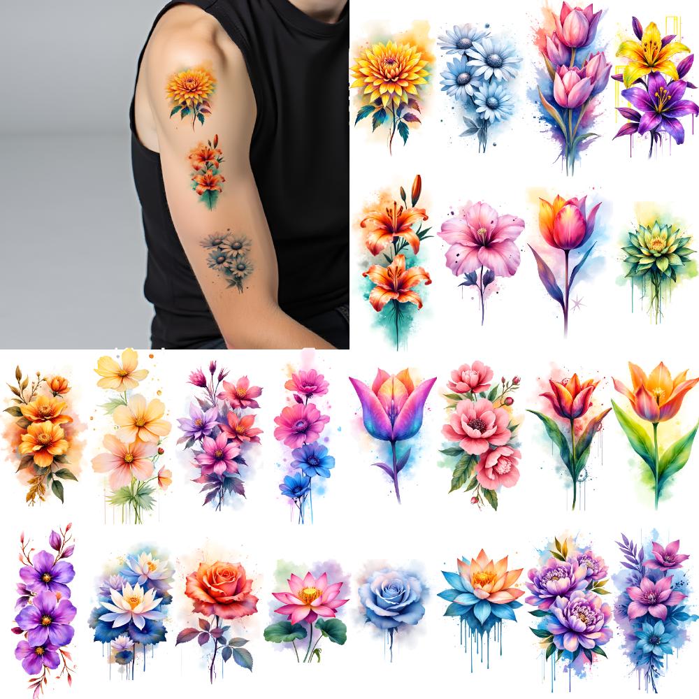 9 stuks Tijdelijke Tatoeages Waterdicht Langdurig Body Stickers Roze Bloemen Oranje Bloemen Rode Rozen Voor Meisjes Dames Schouders