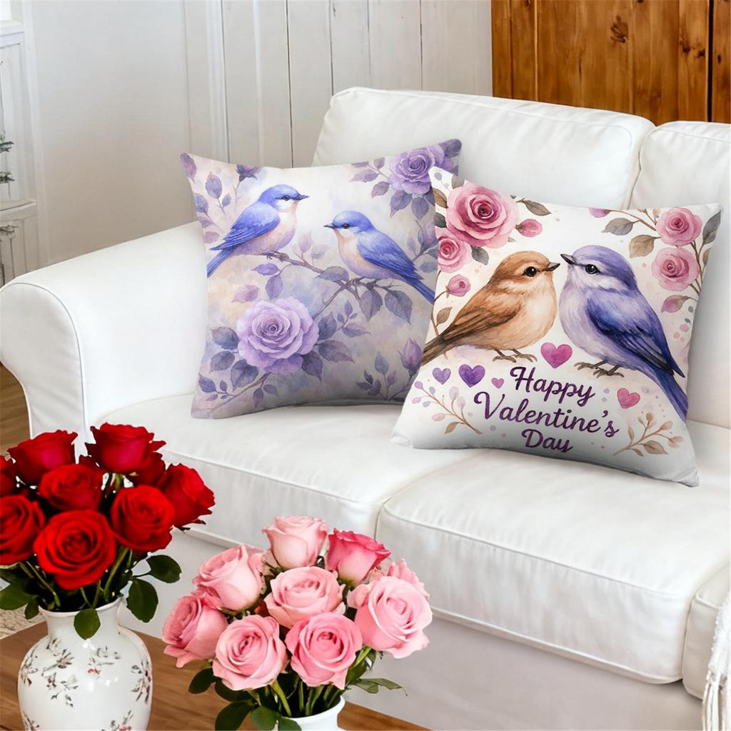 4pcs Valentine'S Day Throw Pillow Covers | Pink Purple Flowers and Birds Designs, Zip Closure, Polyester, Hand Wash Only