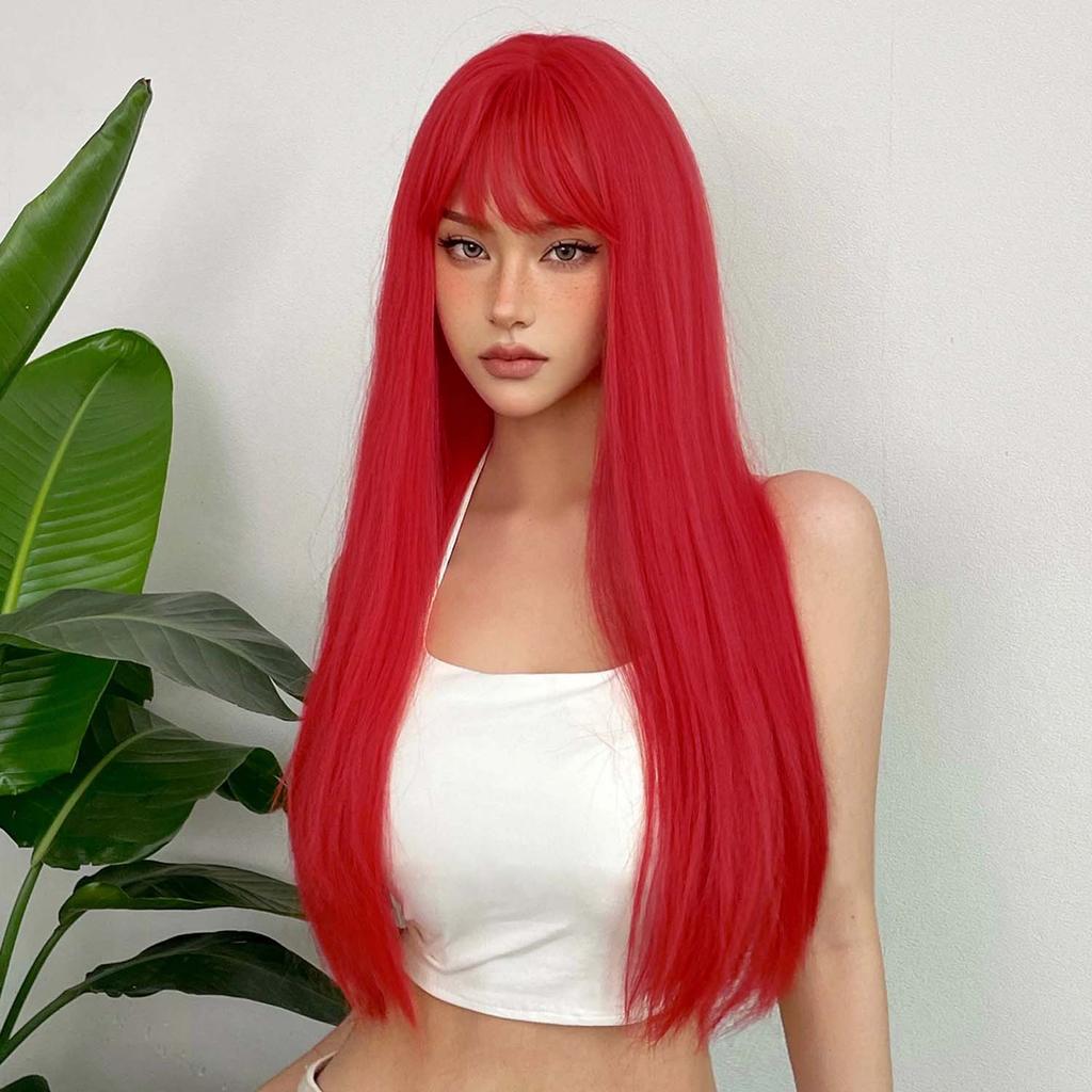 Parrucche Sintetiche Lisce con Frangia Capelli Lunghi Setosi Resistenti al Calore Parrucca Completamente Meccanica Parrucca per Cosplay Festa per Donne alla Moda