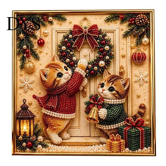 Creative Indoor Pastimes Xmas Cat Faux Pearl Painting Kit, Festive Art DIY Christmas Gift for Enthusiasts Cute Kitty 3D Bead Craft Kit Adults