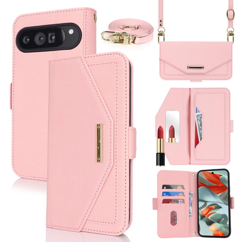 For Google Pixel 9 Pro XL Stand Case Cross Texture PU Leather Wallet Phone Cover with Shoulder Strap/Makeup Mirror