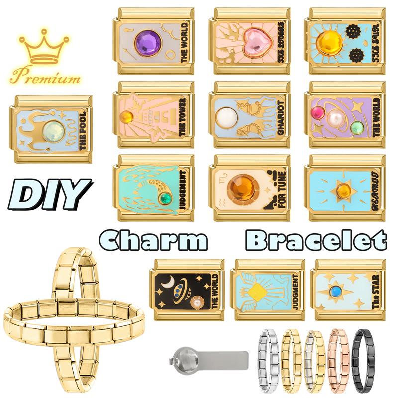 Vintage Tarot Card Heart Moon Star Sun Golden Charm Links Fit 9MM Stainless Steel Bracelet Women Men Jewelry Making DIY Beads