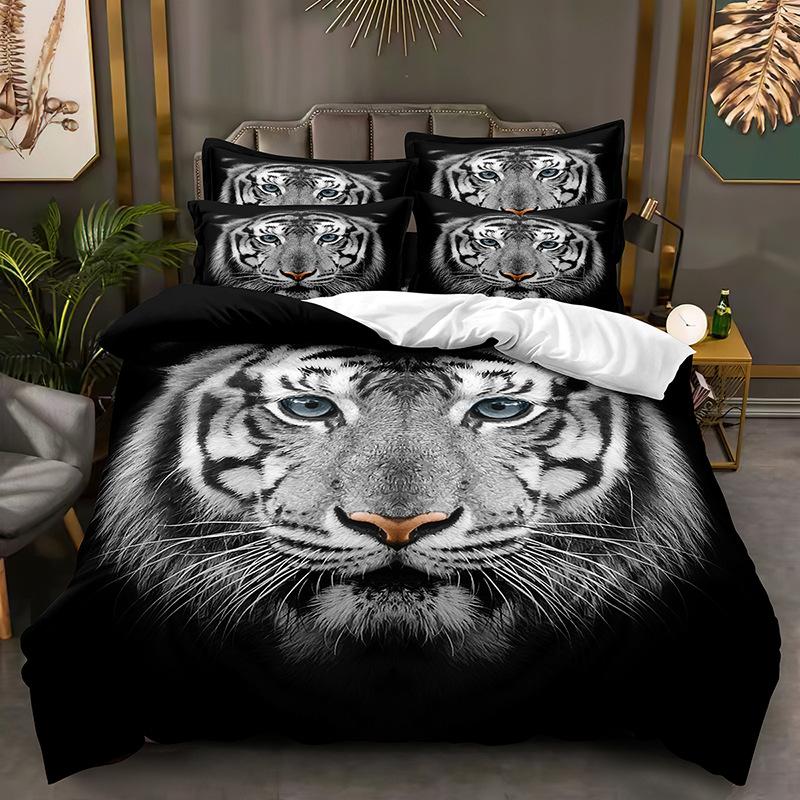 3D Tiger Bedding Set Fierce Beast Down Duvet Cover 2/3 Pieces Boy, Teens Quilt Cover Luxury Quick Drying Bed Cover