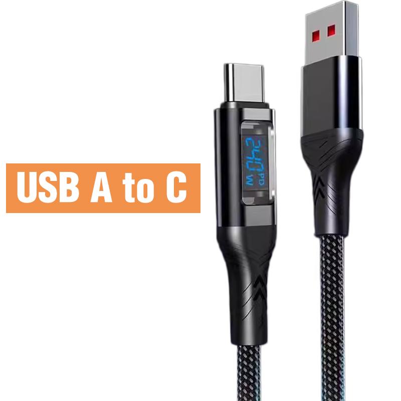 Digital Display Type C Cable 240W Super Fast Charging Cord Sturdy Nylon Braided USB-C Type-C Data Line for IPhone Samsung Xiaomi