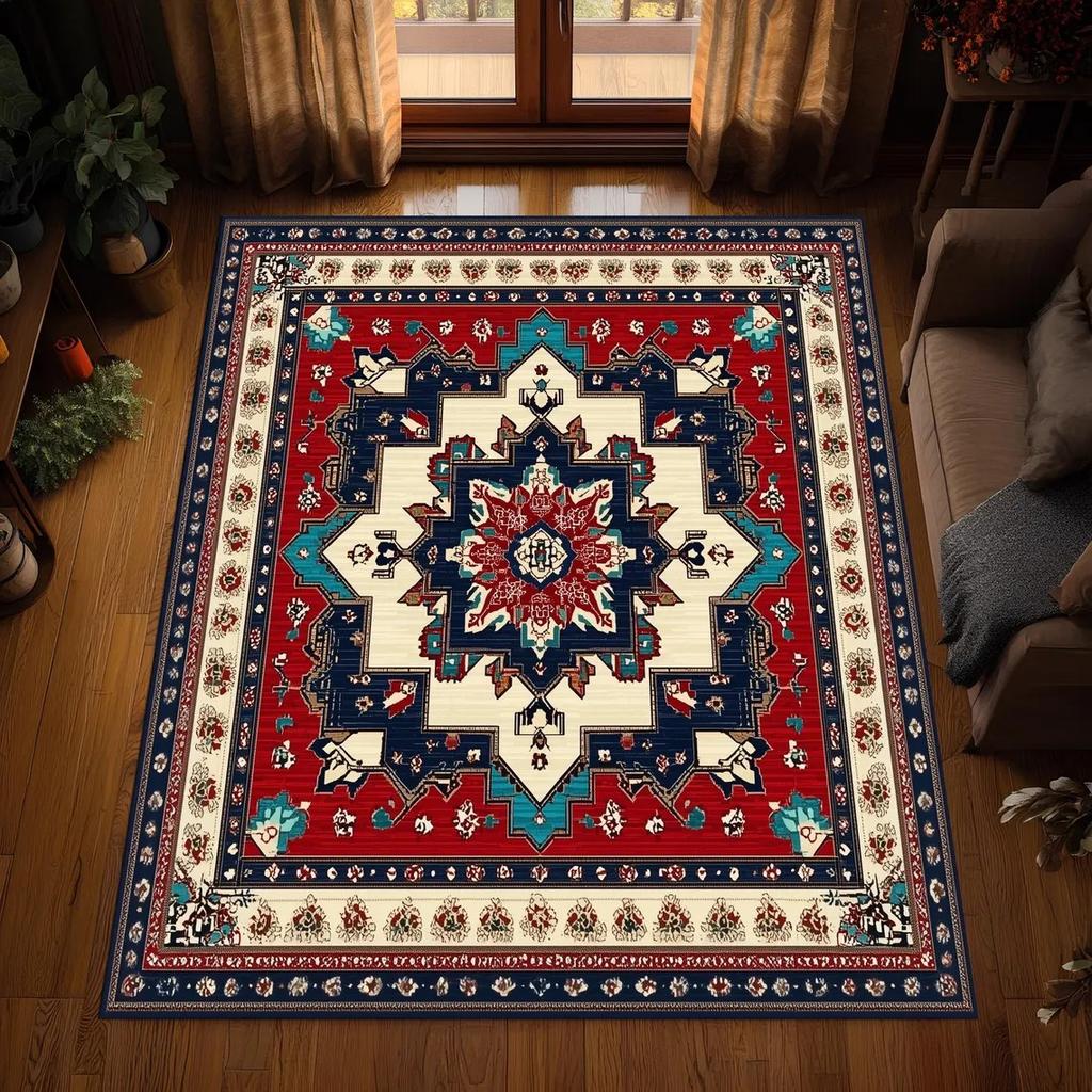 Traditional Turkish Area Rug, Medallion Carpet Bohemian Living Room Rug, Vintage Style Floor Decor, Washable Rug, Non Slip Rug