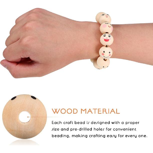COHEALI 100pcs Smiling Face Wooden Beads Wood Spacer Beads Loose Bead 20mm Painted Wooden Beads for DIY Bracelet Necklace Jewelry Making Hair Crafts
