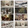 Vintage Christmas Tree Winter Snow Landscape Posters Prints Canvas Painting Holiday Xmas Wall Art Picture for Room Home Decor