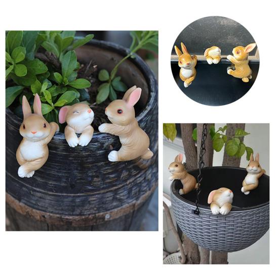 3Pcs Climbing Bunny Figurine Simulated Rabbit Statue Resin Animal Sculpture Outdoor Garden Flower Pot Hugger Hanger Ornament Decoration