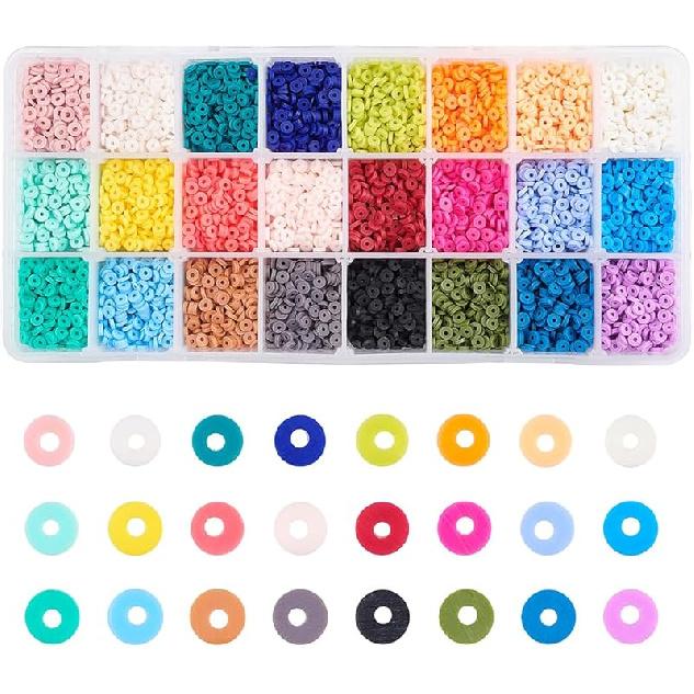 PH PandaHall 9120pcs Heishi Clay Beads, 4mm Vinyl Disc Beads 24 Colors Polymer Clay Beads Flat Silicon Beads for Hawaiian Earring Choker Anklet 4mm