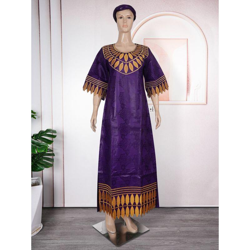 African Summer Women's Clothing Plus Size Full Craft Fragrant Figured Cloth Embroidered Robe Half Sleeve Ethnic Style Dress with Headscarf
