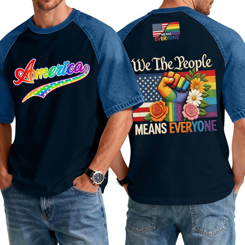 Men's Casual Short Sleeve T-Shirt Denim Patchwork Comfortable Fit Crew Neck Top with Printed Graphic Design Suitable for Everyday Wear