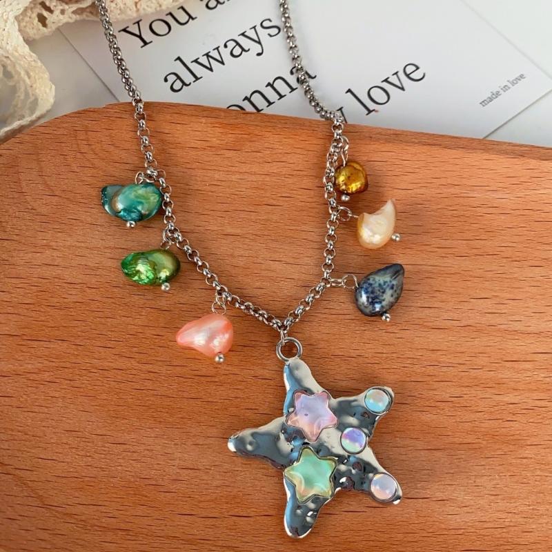 Elegant 5-Point Star Necklace Retro Sea Charm Design Neckchain Alloy Chain Neck Jewelry Daily Wear Accessory