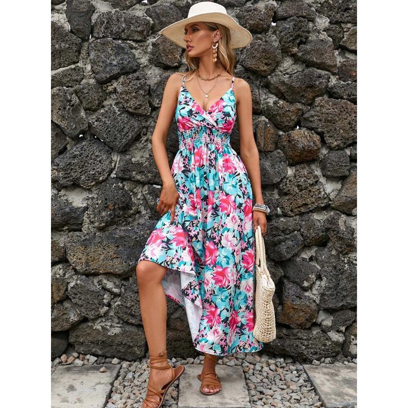 Summer Floral Printing Suspender V-neck Dress Women Elegant Loose Slim Waist Holiday A-line Party Dresses Sleeveless Fashion Casual Women's Clothing