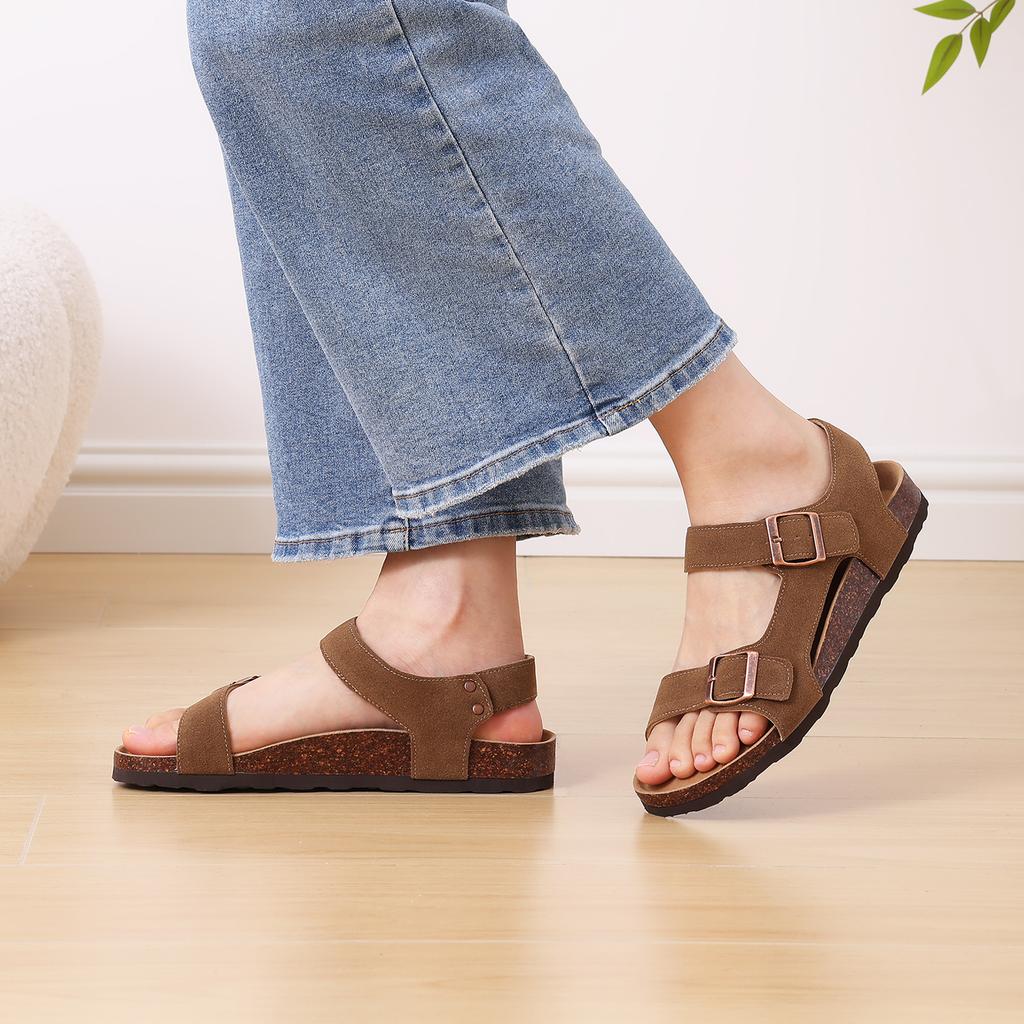 Fashion Crestar Women's Clogs New Classic Cow Suede Sandals with Double Buckle Arch Support Outdoor Lady Cork Flat Clogs Casual Slipper