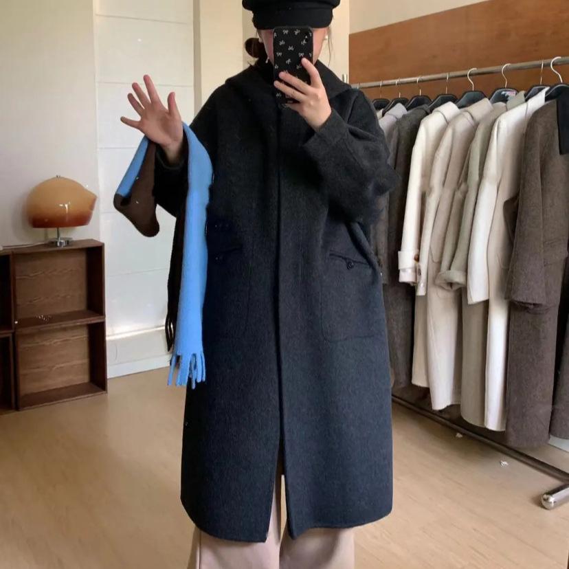 Small Autumn and Winter New Hooded Double-sided Wool Coat for Women Medium-length Loose and Slim Woolen Coat