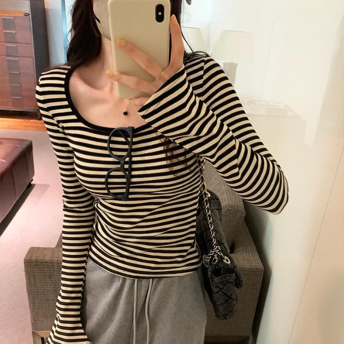 Women's Contrast Collar Striped Long-Sleeve T-Shirt - Autumn 2024 Slim Fit Design