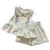 Girls Summer Sweet Floral Embroidered Sleeveless Top With Lace Trim Shorts Two Piece Outfit Set For Kids