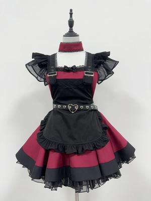 Japanisches Retro Dunkler Stil Dienstmädchen Outfit - Halloween Lolita Soft Girl Hund Kurzes Kleid Set.
