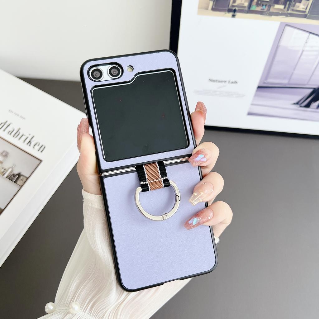 For Samsung Z Flip 6 7 PU Leather Phone Case Ring Folding Anti-Fingerprint Shockproof Protective Cover for Galaxy Z Flip 5 3/4