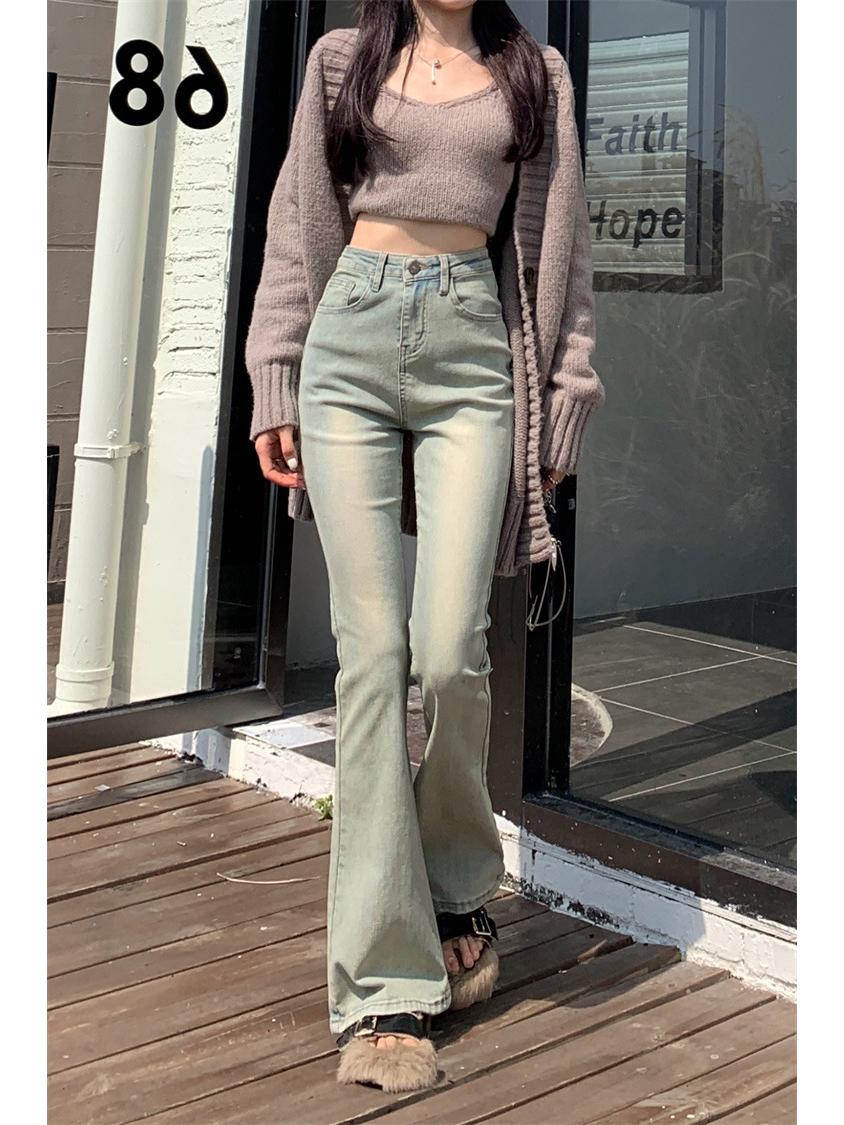 

Retro Washed American-Style High Waist Micro-Flare Jeans - Elastic, Slimming Horseshoe Pants for Spring, Summer, Autumn. Extra Large