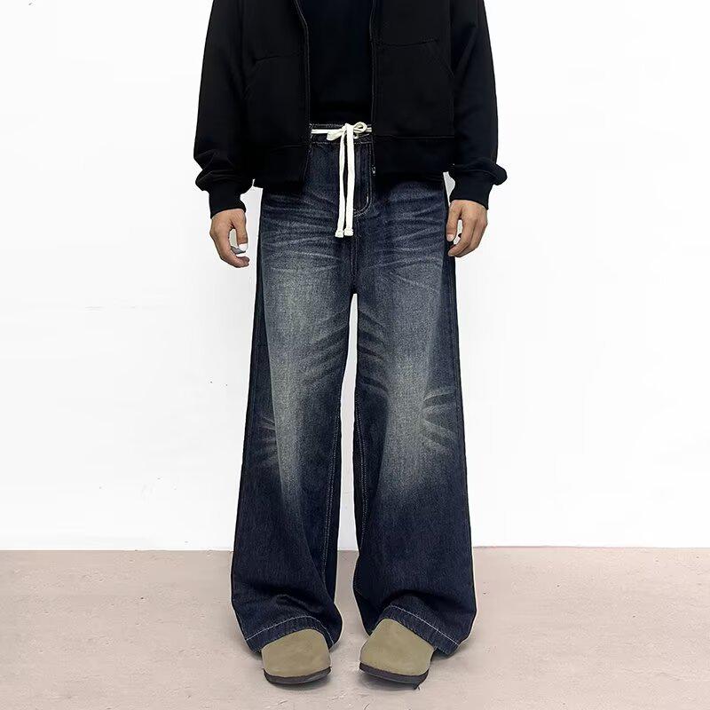 

2024 Унисекс Ретро Стираные Прямые Джинсы с Эластичной Талией - Простые, Универсальные Зауженные L темно-синий