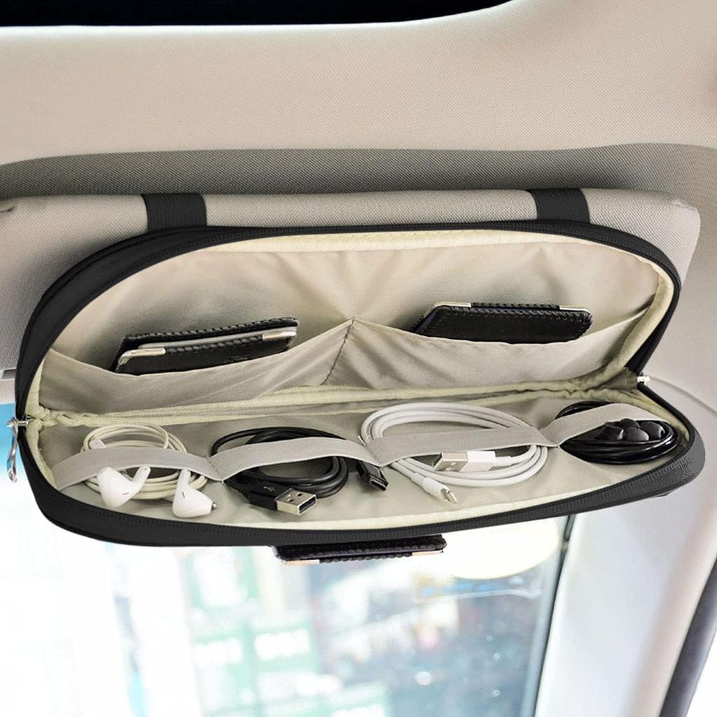 Da By Car Sun Visor Organizer, Multi-Pocket Visor Organizer Storage Pouch For Cars, SUVs & Trucks With Double Zippers, Elastic Bands & Glasses Clip -