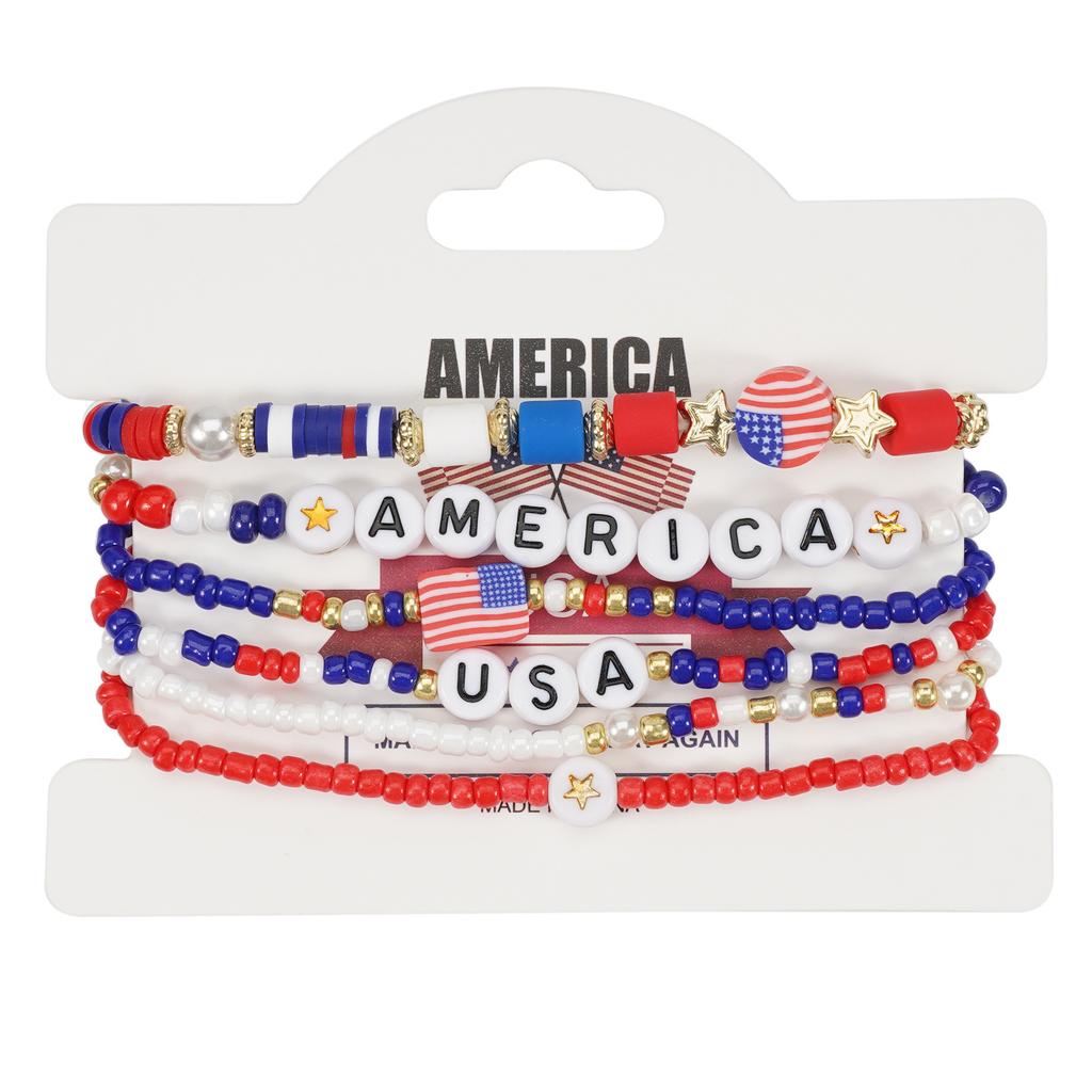 Pack of 6 Fashionable Patriotic Beaded Bracelets Elastic July 4th Jewelry Americans Flag Star Charm Party Accessories
